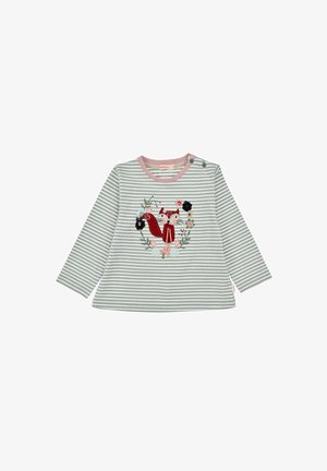 Camicia a maniche lunghe grigio e bianco a righe con scollatura rosa, caratterizzata da una volpe rossa ricamata e dettagli floreali sul davanti.