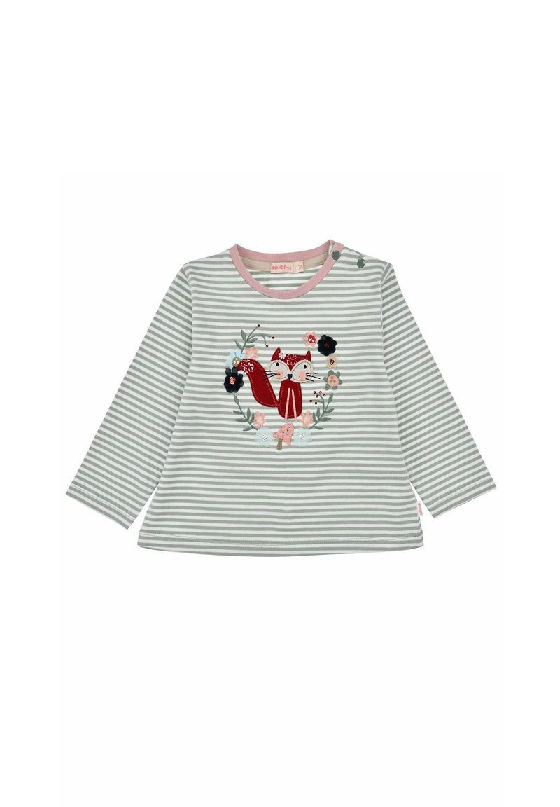 Langärmliges, grau-weiß gestreiftes Hemd mit einem pinkfarbenen Ausschnitt, das auf der Vorderseite einen gestickten roten Fuchs und florale Details zeigt.