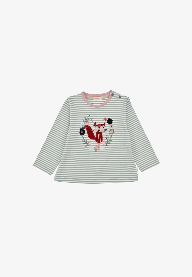 Langärmliges, grau-weiß gestreiftes Hemd mit einem pinkfarbenen Ausschnitt, das auf der Vorderseite einen gestickten roten Fuchs und florale Details zeigt.