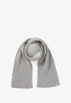 Grau gerippter Schal aus weichem Material, in langer, zylindrischer Form mit fransigen Enden und einem kleinen Logetikett auf einer Seite.