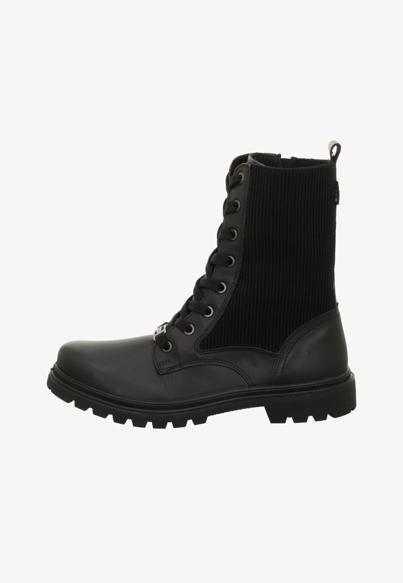 Czarne botki za kostkę z gładkim skórzanym noskiem i cholewką z sztruksu, wyposażone w sznurowadła, metalowe oczka i teksturowaną, wytrzymałą podeszwę.