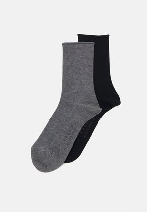 Two pairs of crew socks: one in dark gray, the other in black. Both made of smooth, lightweight fabric with a subtle logo on the side.