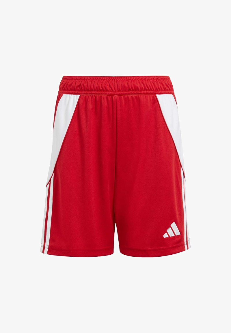 Rode sportieve shorts met witte zijaccenten, elastische tailleband, lichtgewicht materiaal en het witte Adidas-logo aan de rechter onderkant.