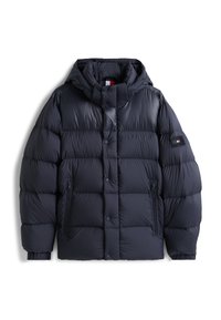 Marineblaue Steppjacke mit Kapuze, ausgestattet mit einem gesteppten Design, Druckknöpfen, Seitentaschen und einem Logopatch am Ärmel.
