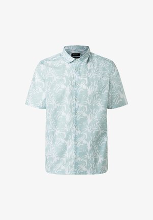 Koszula krótki rękaw w jasnoniebieskim kolorze z białym abstrakcyjnym wzorem. Posiada klasyczny kołnierz i gładką fakturę materiału.