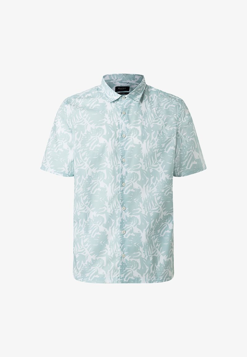 Košile na knoflíky s krátkým rukávem v světle modré barvě s bílým abstraktním vzorem. Disponuje klasickým límečkem a hladkým textilním povrchem.