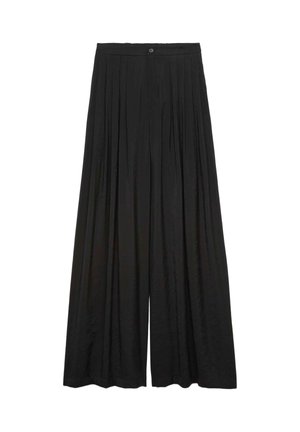 Pantaloni neri a gamba larga con pieghe, chiusura con bottone e cerniera, vita alta e tessuto fluido.