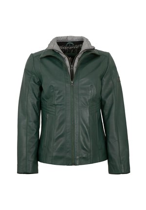 Grüne Lederjacke mit einem grauen gepolsterten Kragen, vorne mit Reißverschluss und seitlichen Taschen. Hat strukturierte Nähte und eine glatte Textur.