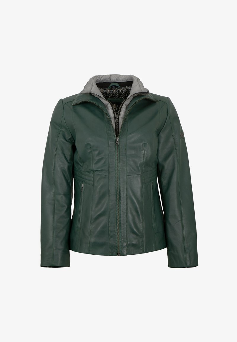 Green leather jacket with a gray padded collar, front zipper, and side pockets. Features structured seams and a smooth texture.