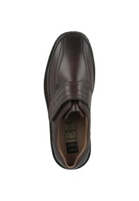 Wide brown leather shoe with a rounded toe, smooth finish, and stitched accents. Features a Velcro strap for closure and cushioned interior.