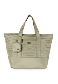 Bolso de mano en tela verde claro con textura acolchada, dos asas y un neceser redondeado desmontable. Presenta un cierre con cremallera y detalle del logo.