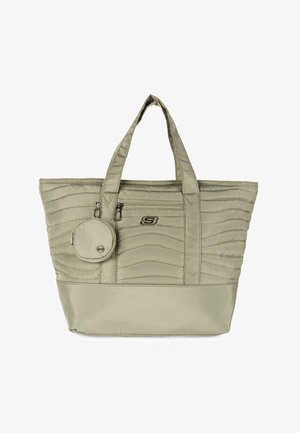 Bolso de mano en tela verde claro con textura acolchada, dos asas y un neceser redondeado desmontable. Presenta un cierre con cremallera y detalle del logo.