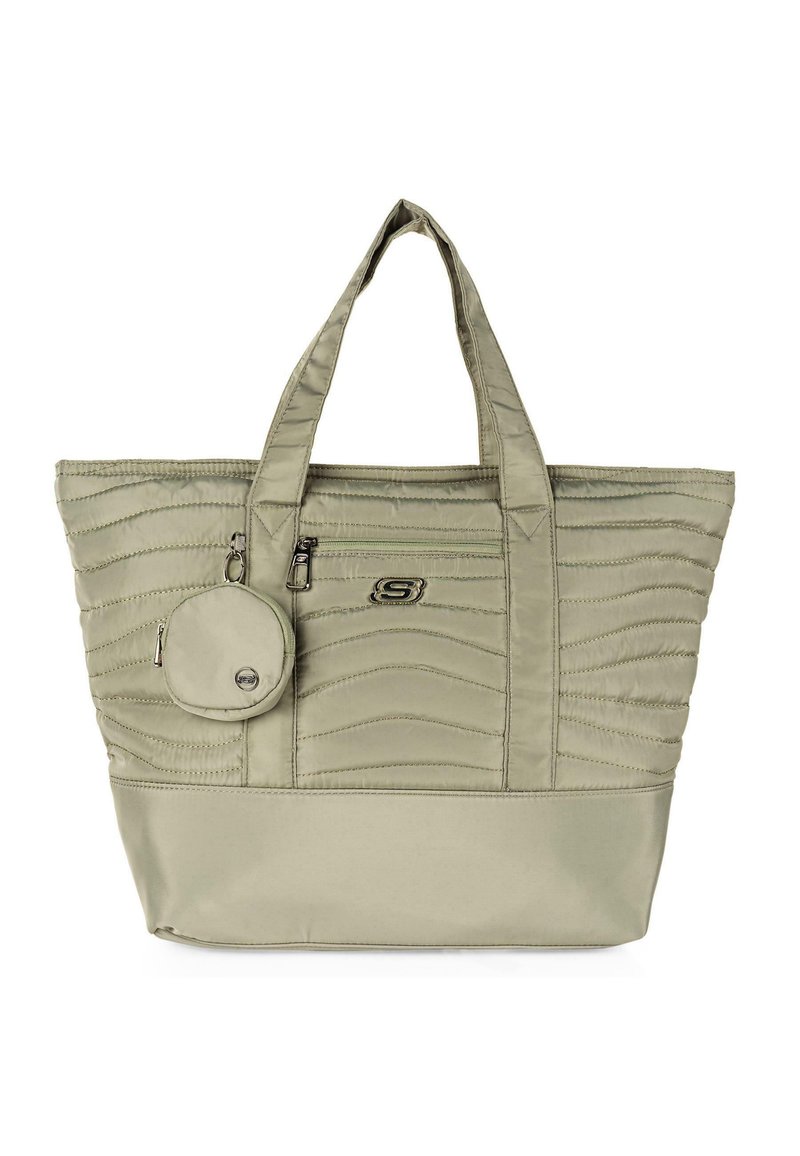 Bolso de mano en tela verde claro con textura acolchada, dos asas y un neceser redondeado desmontable. Presenta un cierre con cremallera y detalle del logo.