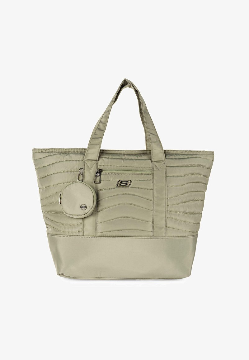 Bolso de mano en tela verde claro con textura acolchada, dos asas y un neceser redondeado desmontable. Presenta un cierre con cremallera y detalle del logo.