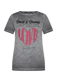 Gray short-sleeve t-shirt with a round neckline. Features pink "LOVE" text and printed phrases in black. Soft, blended fabric.