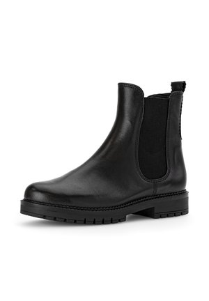 Black leather ankle boot with elastic side panels, a smooth finish, a round toe, and a rugged rubber sole, featuring stitching along the edge.