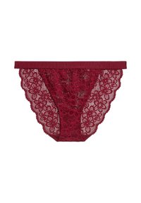 Burgunder Spitzen-Slip mit floralem Muster, gewellten Kanten und einem glatten Bund. Weiche, durchsichtige Textur mit filigranen Details.