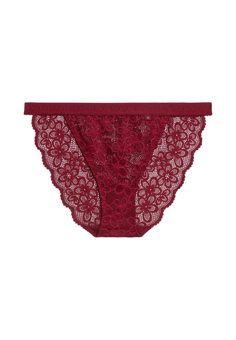 Burgunder Spitzen-Slip mit floralem Muster, gewellten Kanten und einem glatten Bund. Weiche, durchsichtige Textur mit filigranen Details.