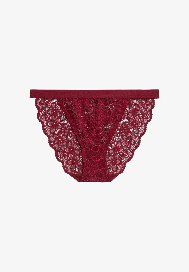 Bordeaux blonde trusser med blomstermønster, bølgede kanter og en glat talje. Blødt, gennemsigtigt materiale med detaljeret udformning.