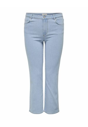 Lyseblå denim kortere jeans med knap og lynlås foran, fem-lomme stil og let vidde ved benenden.