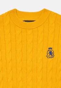 Pulover tricotat galben, cu guler rond ribatit. Are un logo brodat al lui Hilfiger în albastru, evidențiind modele texturate pe întreaga suprafață.