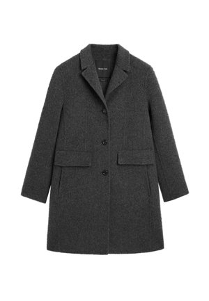 Dunkelgrauer Wollmischjacke mit Reverskragen, drei schwarzen Knöpfen, zwei Klappentaschen und langen Ärmeln, auf einem weißen Hintergrund flach ausgelegt.