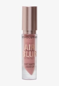 Klar glassrør med myk, matt rosa leppestiftfarge. Roségull metallokk. "Revolution Air Blur" og "Soft Matte Liquid Lip" trykt i gull.