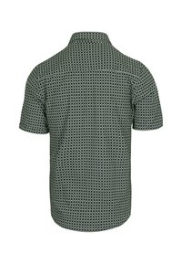 Korte mouwen shirt in donkergroene stof met een herhalend geometrisch patroon, voorzien van een klassieke kraag en rechte zoom.