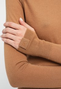 Brauner, taillierter Pullover aus Rippstrickmaterial. Verfügt über Daumenschlitze und ein kleines gesticktes Logo am Bund.