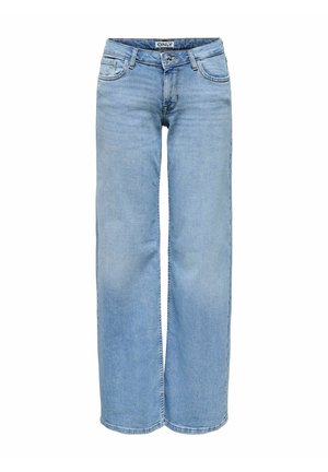 Jean en denim bleu clair à jambes larges, avec bouton et fermeture éclair devant, passants pour ceinture, poches avant et arrière, étiquette "ONLY" à l'intérieur de la ceinture.