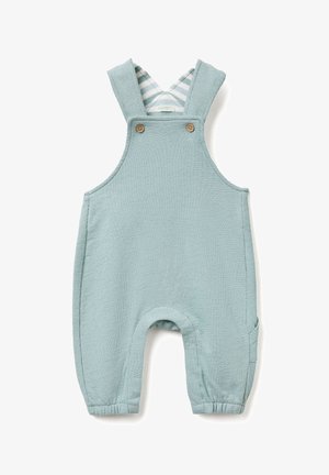 Helleblaue Latzhose aus strukturiertem Stoff, mit Kreuzträgern, Holzknöpfen und gestreifter Innenausstattung. Elastische Beinöffnungen.
