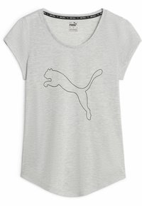 Tricou gri deschis cu mânecă scurtă, având un contur negru al unui logo cu o pisică săltând. Textură moale și netedă, cu un design cu hem curbat.