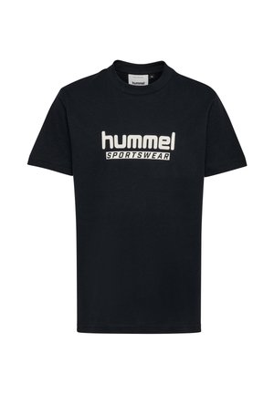 Sort T-shirt med korte ærmer og rund halsudskæring med hvidt "hummel SPORTSWEAR" logo centreret på brystet.