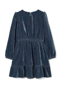 Samtblaues Kleid mit langen Puffärmeln, gerafftem Taillenbund und gerüschtem Saum. Verfügt über eine Rückenöffnung mit Schlüsselloch und einem Knopfverschluss.