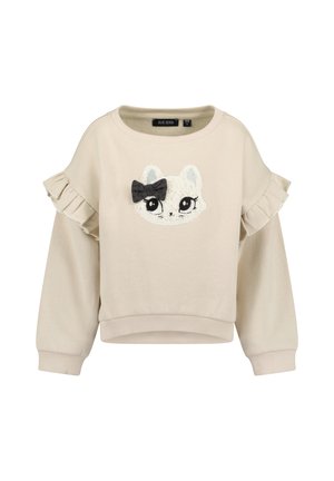 Beige langærmet sweatshirt med flæsedetaljer på skuldrene og en hvid katteansigt-applikation med sort sløjfe foran.