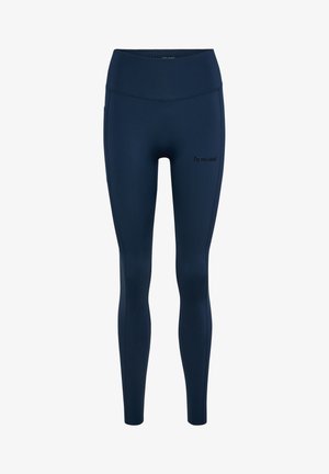 Marineblauwe, nauwsluitende sportlegging met een hoge tailleband en een klein "hummel"-logo op de bovenkant van de rechterdij.