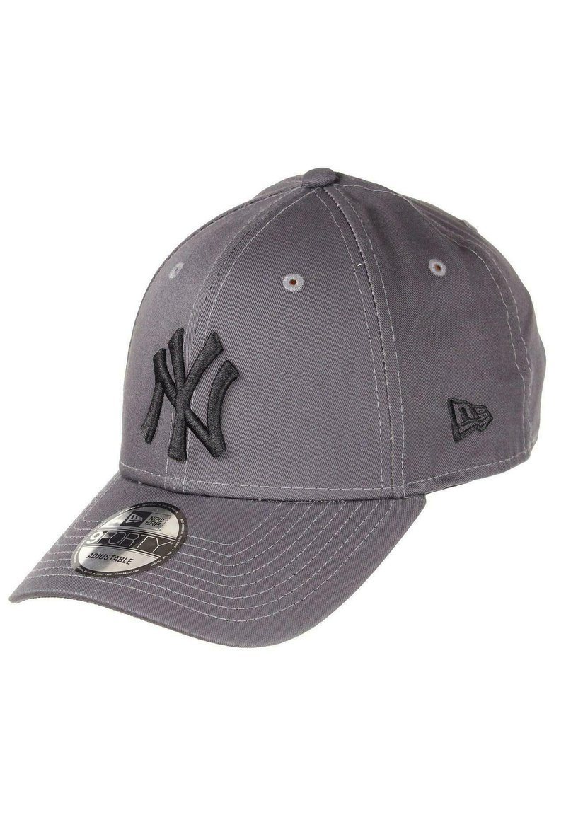 Gray baseball cap with an adjustable strap, featuring a prominent black embroidered NY logo and ventilation eyelets, smooth fabric texture.