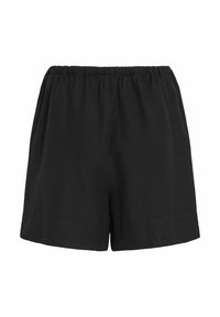 Pantaloni corti neri con una cintura elastica, realizzati in tessuto morbido, caratterizzati da una vestibilità comoda e bordi rifiniti.