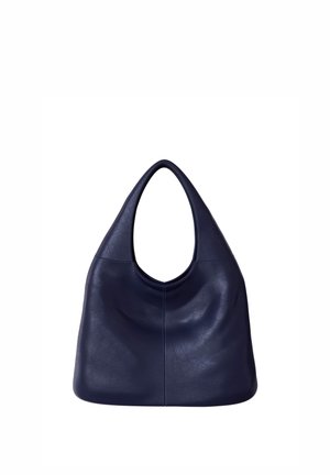 Marineblaue Lederschultertasche mit einem gebogenen oberen Griff und einem weichen, lässigen rechteckigen Körper.