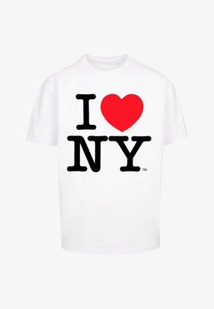 White cotton t-shirt with short sleeves featuring bold black text "I NY" and a red heart shape, standard crew neck design.