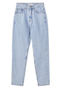 Jean en denim bleu clair taille haute avec poches avant, passants pour ceinture et fermeture par bouton, posé à plat sur fond blanc.