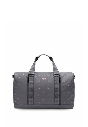 Graue Duffel-Tasche mit pinken Punkten, oberem Griff und Logo. Mit schwarzem Reißverschluss und strukturierten Trägern mit geprägt Text. Aus strapazierfähigem Material.