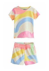 Kurzes Top und Shorts-Set, gerippte Textur, mit einem mehrfarbigen Wellenmuster in pastellfarbenen Tönen von Rosa, Gelb, Blau und Grün.