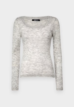 Gray long-sleeve sweater with a scoop neckline. Soft texture and subtle variegated pattern throughout. Ribbed cuffs and hem.
