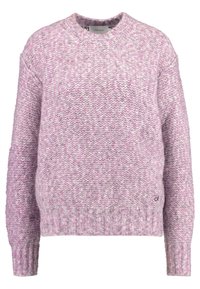 Vaaleanvioletti neulepusero, jossa on pyöreä kaula-aukko, teksturoitu kuosi sekä resorit hihansuissa ja helmassa. Alareunassa on hienovarainen logo.