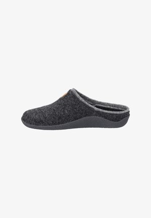 Gray felt slipper with a contoured shape, open back, and textured black rubber sole. Features a small logo on the upper side.