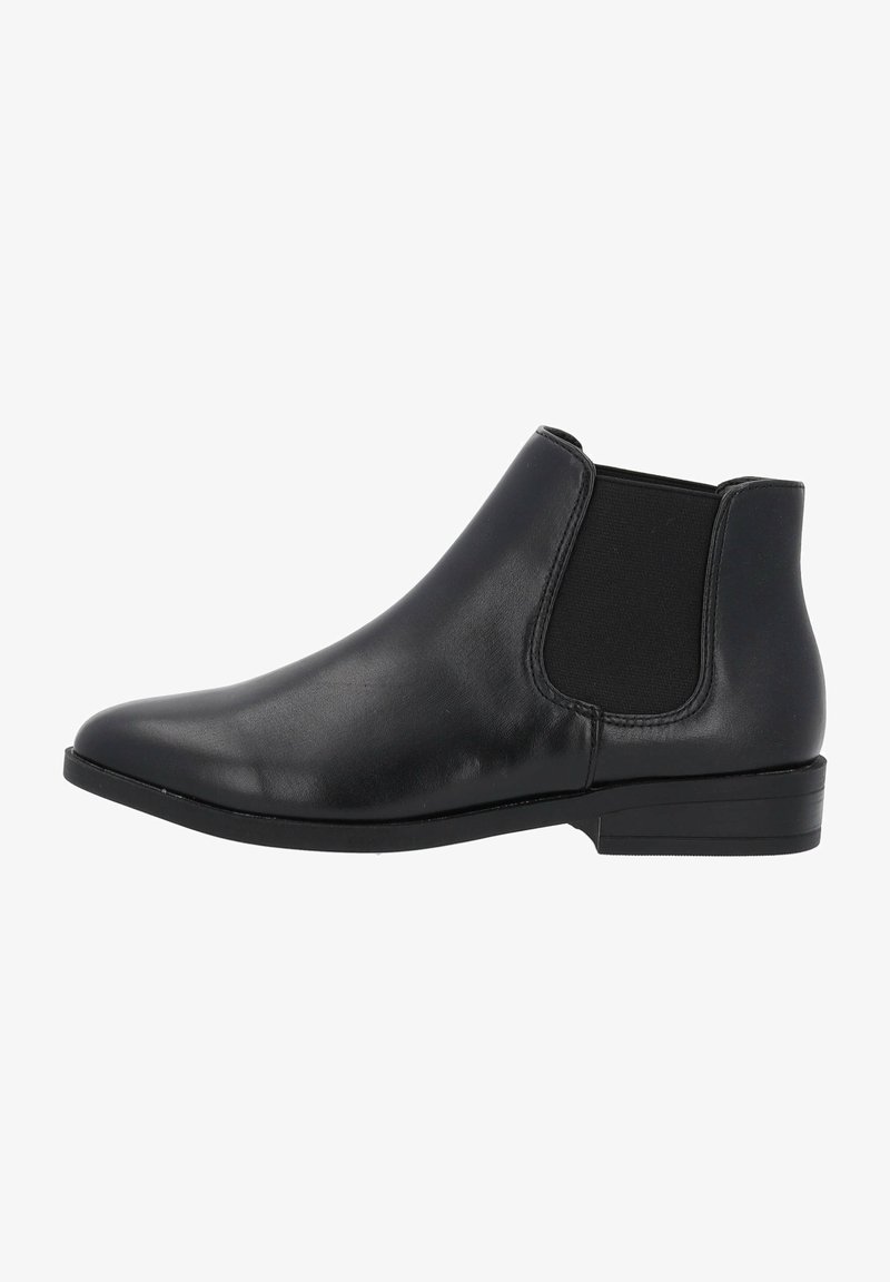 Botte Chelsea en cuir noir avec panneau latéral élastique et petit talon empilé, vue de côté sur fond blanc.