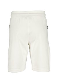 Shorts en coton blancs avec une taille élastique, présentant une texture lisse et deux poches latérales. Le design est simple, sans motifs.