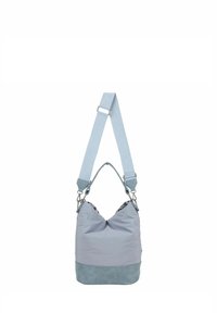Bolso tipo hobo en nylon azul claro con una base de ante texturizado. Presenta una amplia correa ajustable y detalles de metal.