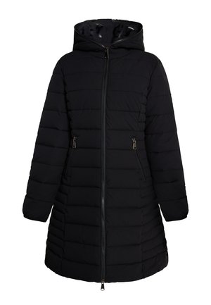 Sort puffersjakke med hætte, der har lynlås foran og to sidelommer. Quiltet design med en glat tekstur.